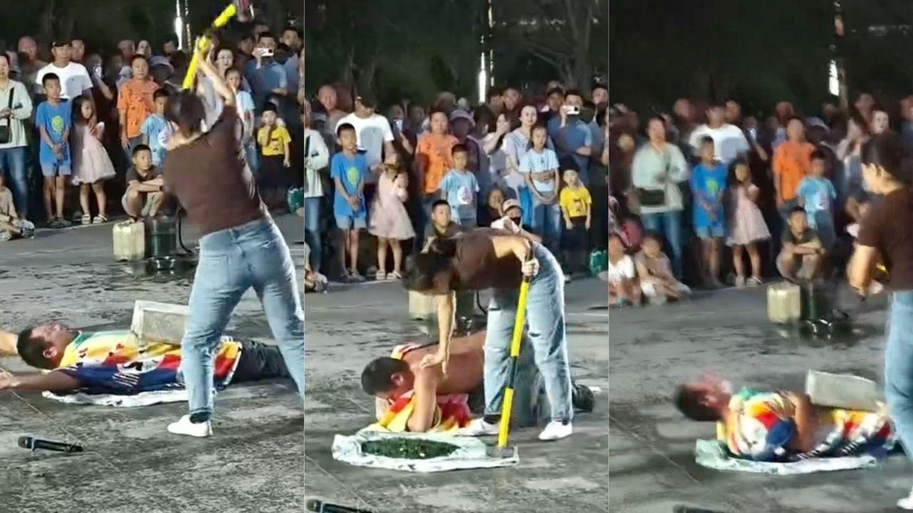 街头表演壮汉胸口碎大石翻车酿惨剧！巨石压胸血溅当场，肋骨断裂声惊全场！老婆痛哭崩溃尖叫！封面图
