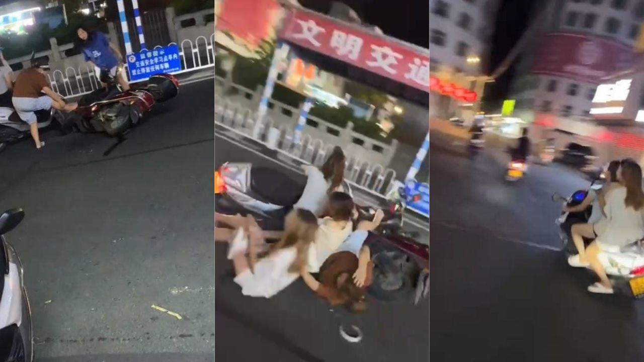 精神小妹骑车撞人 走位风骚疑故意 前车女生膝盖血流 三个女人扯皮大战！封面图