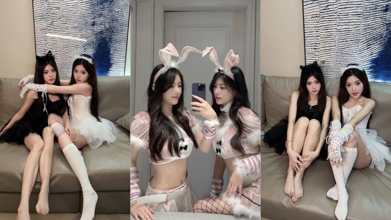 高颜值双胞胎姐妹花 被金主约到酒店 黑丝白丝同时足交 双头龙调教嫩逼 简直双飞盛宴 ！封面图