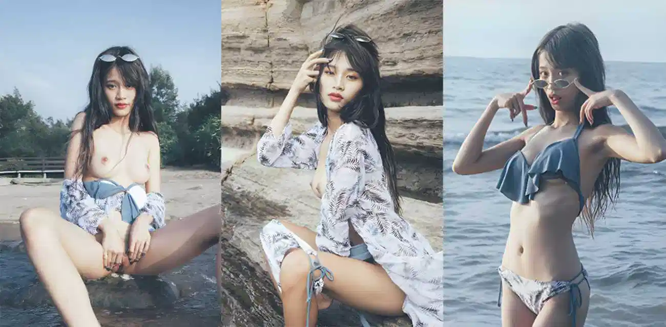 性感小野猫海边露出写真妩媚眼神勾魂，美乳圆润挺翘坐在礁石娇羞扒开私处任海浪拍击敏感小穴封面图